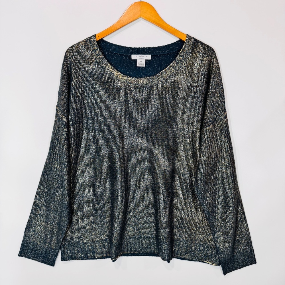 Liz Claiborne Sweater Womens 2X Teal‎ Gold Metallic Knit Crew Neck Shimmer 3107